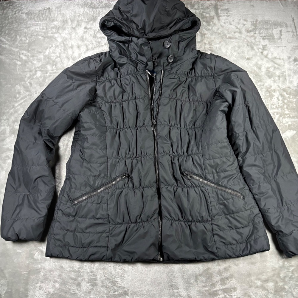 Columbia Women Thermal Coil Puffer Jacket Black Hooded Quilted Coat Large
